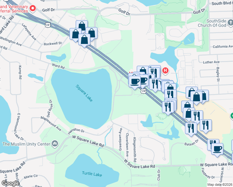 map of restaurants, bars, coffee shops, grocery stores, and more near 2027 Klingensmith Road in Bloomfield Township
