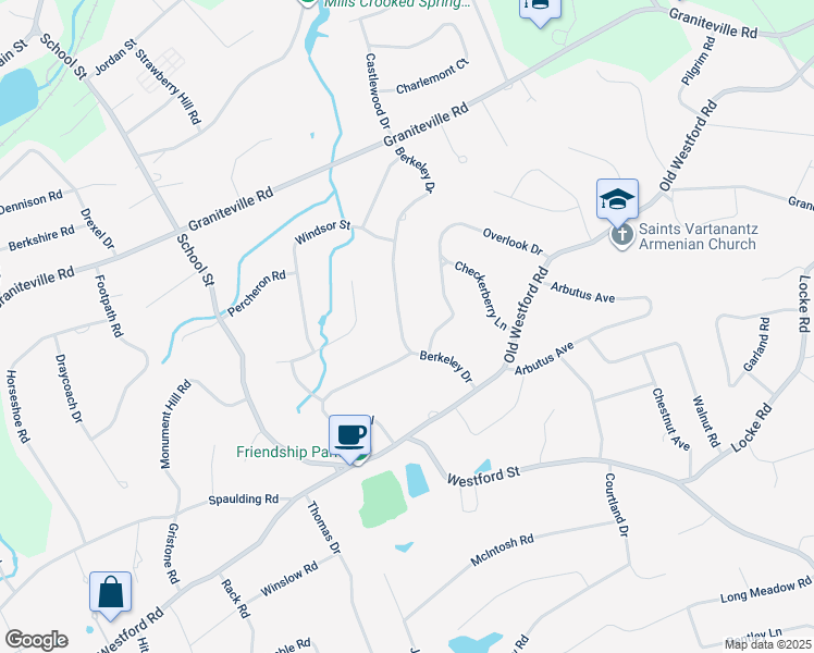map of restaurants, bars, coffee shops, grocery stores, and more near 30 Berkeley Drive in Chelmsford
