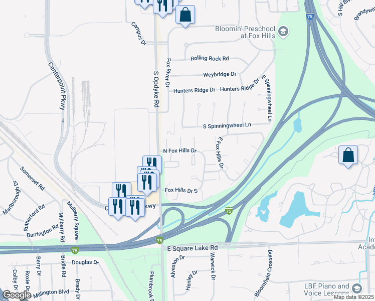 map of restaurants, bars, coffee shops, grocery stores, and more near North Fox Hills Drive in Bloomfield Hills