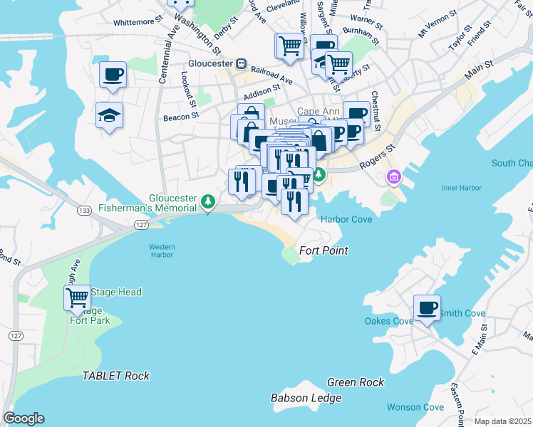 map of restaurants, bars, coffee shops, grocery stores, and more near 21 Commercial Street in Gloucester