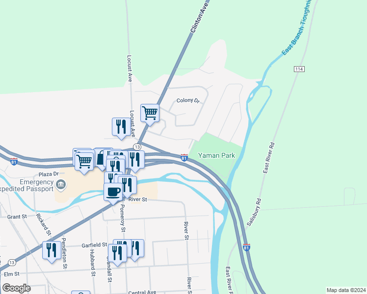map of restaurants, bars, coffee shops, grocery stores, and more near Kennedy Parkway in Cortland