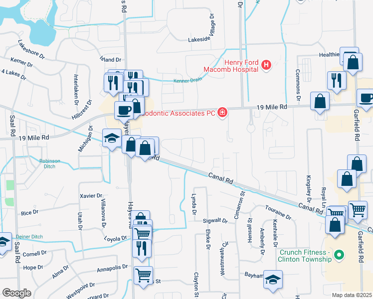 map of restaurants, bars, coffee shops, grocery stores, and more near 15551 Heather Ridge Trail in Clinton Township