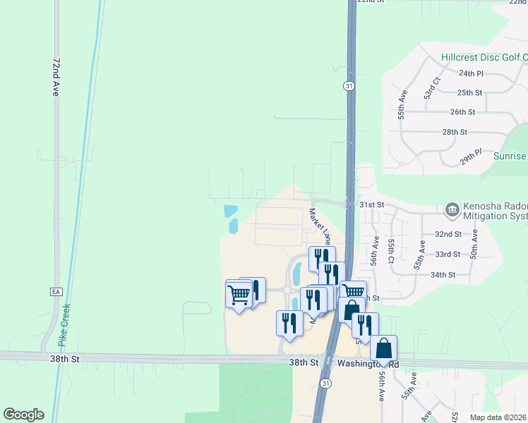 map of restaurants, bars, coffee shops, grocery stores, and more near 6499 31st Street in Kenosha