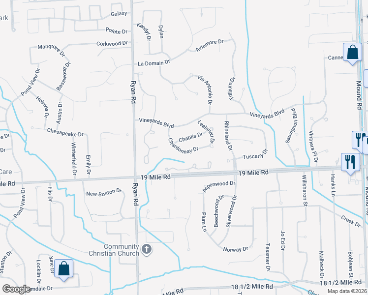 map of restaurants, bars, coffee shops, grocery stores, and more near 4380 Chablis Drive in Sterling Heights