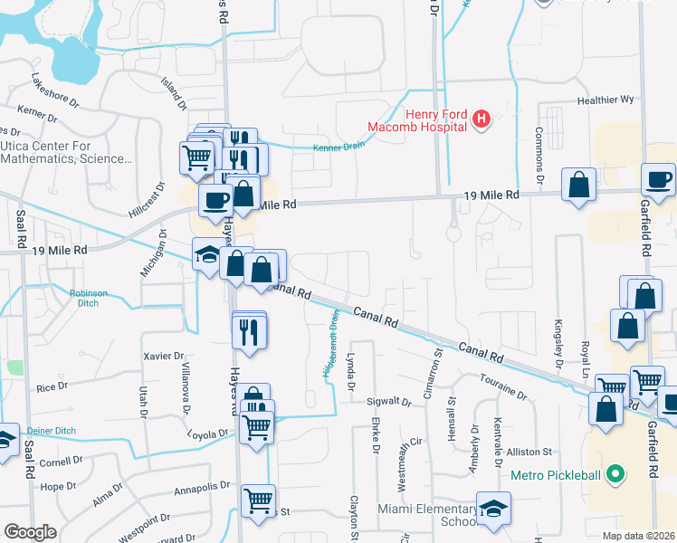 map of restaurants, bars, coffee shops, grocery stores, and more near 15551 Heather Ridge Trail in Clinton Township