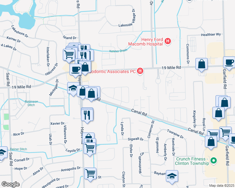 map of restaurants, bars, coffee shops, grocery stores, and more near 15551 Heather Ridge Trail in Clinton Township