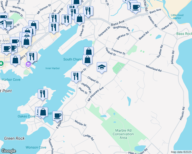 map of restaurants, bars, coffee shops, grocery stores, and more near 6 Davis Street Extension in Gloucester