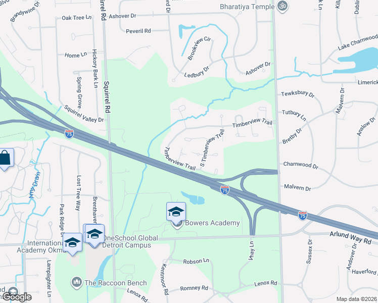 map of restaurants, bars, coffee shops, grocery stores, and more near 1100 Hillpointe Circle in Bloomfield Hills