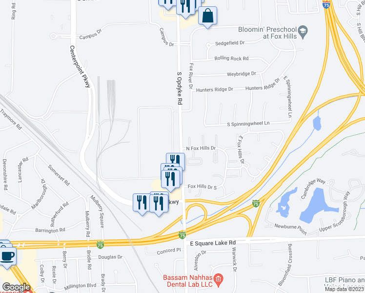 map of restaurants, bars, coffee shops, grocery stores, and more near 405 North Fox Hills Drive in Bloomfield Hills