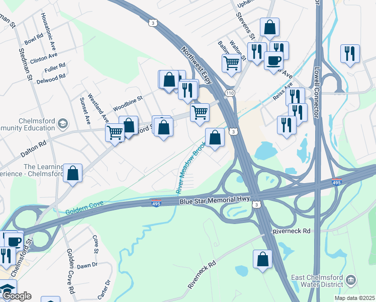 map of restaurants, bars, coffee shops, grocery stores, and more near 3 Katrina Road in Chelmsford