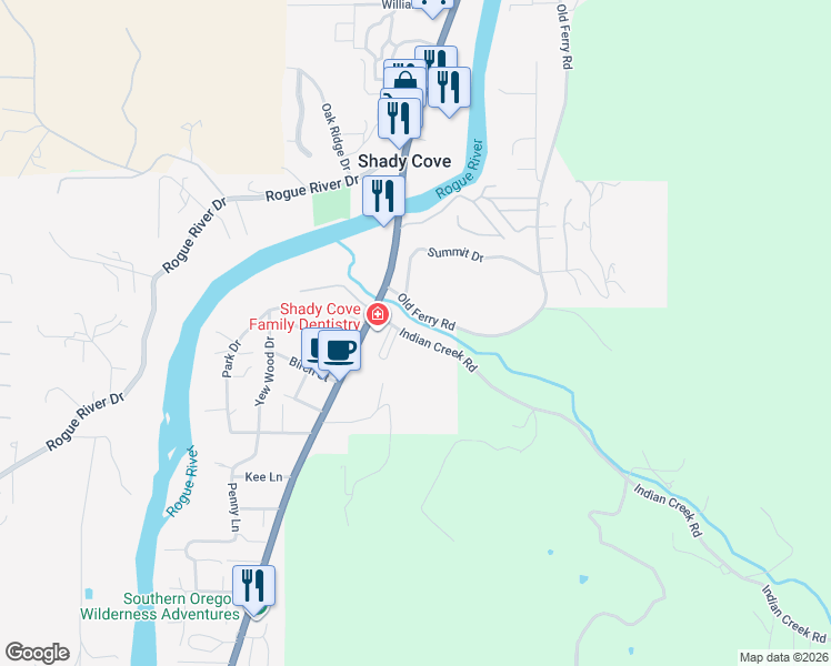 map of restaurants, bars, coffee shops, grocery stores, and more near 246-260 Old Ferry Road in Shady Cove