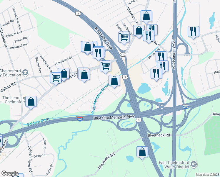 map of restaurants, bars, coffee shops, grocery stores, and more near 12 B Street in Chelmsford