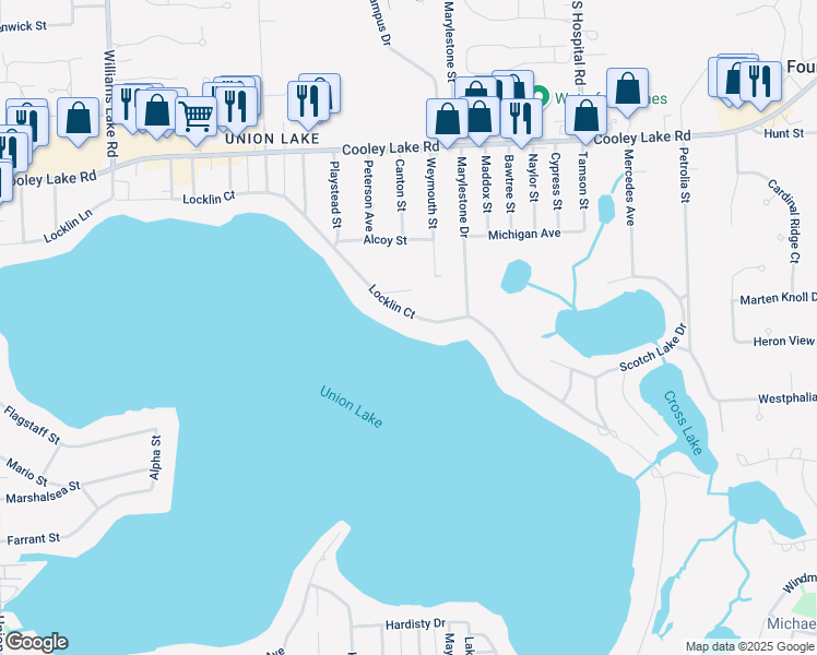 map of restaurants, bars, coffee shops, grocery stores, and more near 7330 Locklin in West Bloomfield Township