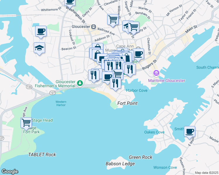 map of restaurants, bars, coffee shops, grocery stores, and more near 21 Commercial Street in Gloucester