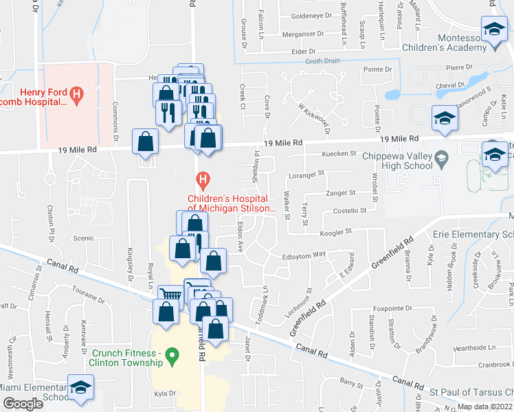 map of restaurants, bars, coffee shops, grocery stores, and more near 42411 West Eldon Street in Clinton Township