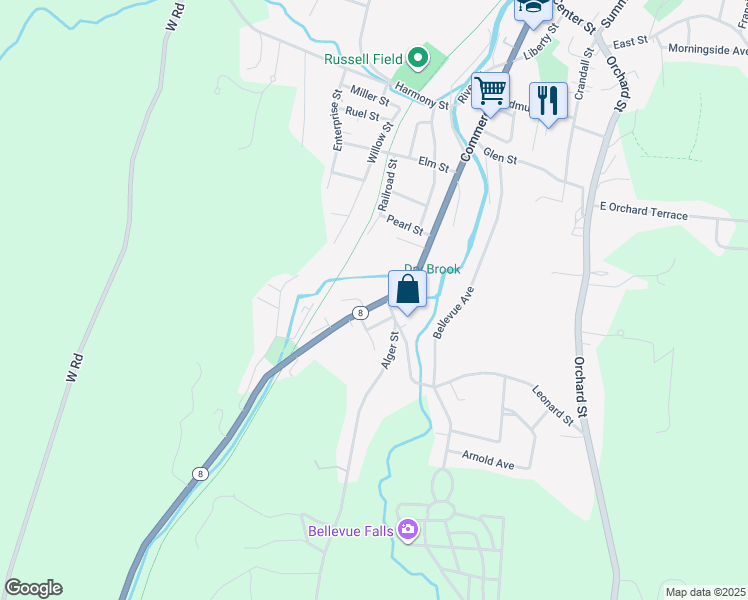 map of restaurants, bars, coffee shops, grocery stores, and more near 7 Grove Street in Adams