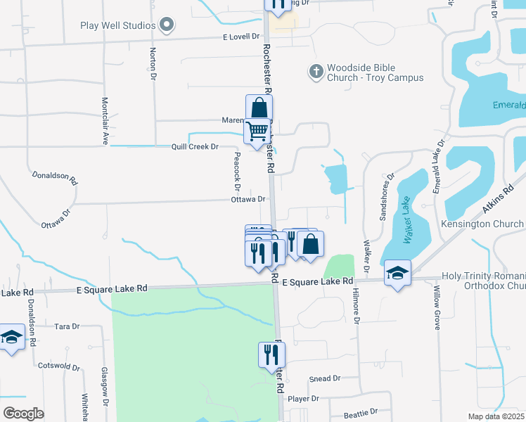 map of restaurants, bars, coffee shops, grocery stores, and more near 6195 Rochester Road in Troy