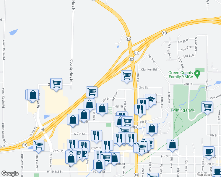 map of restaurants, bars, coffee shops, grocery stores, and more near 201 3rd Avenue in Monroe