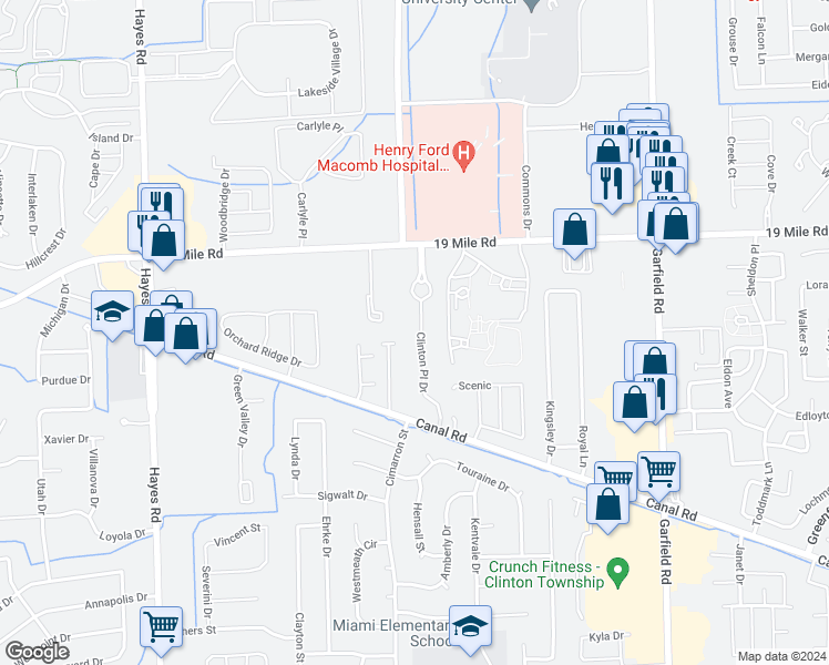 map of restaurants, bars, coffee shops, grocery stores, and more near 42475 Clinton Place Drive in Clinton Township
