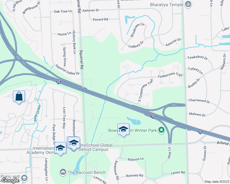 map of restaurants, bars, coffee shops, grocery stores, and more near 1141 Timberview Trail in Bloomfield Township