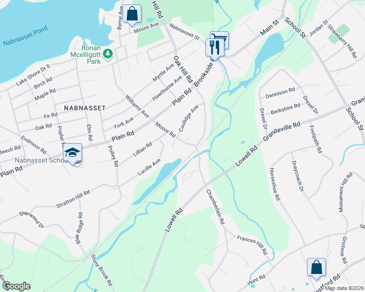 map of restaurants, bars, coffee shops, grocery stores, and more near 5 Moore Road in Westford