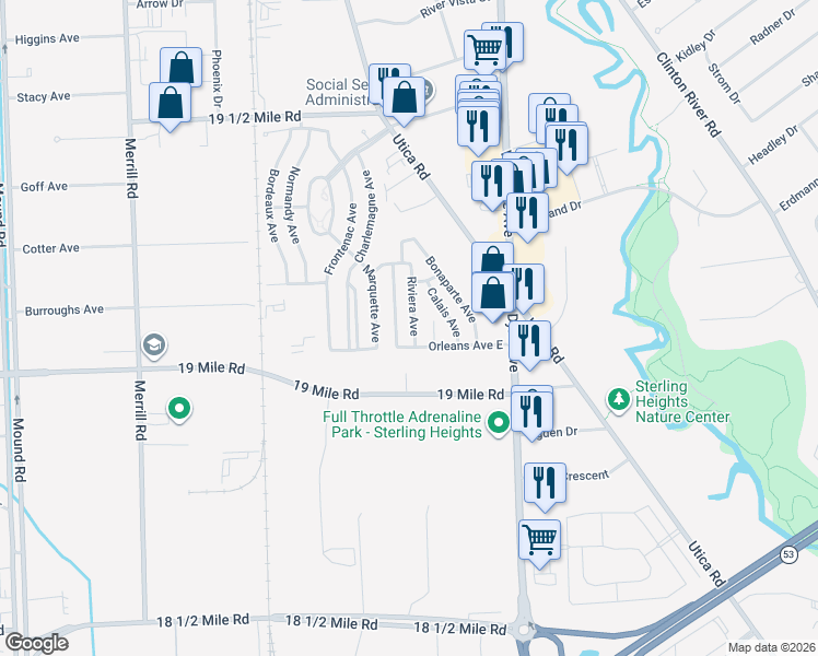 map of restaurants, bars, coffee shops, grocery stores, and more near 43001-43159 Riviera Avenue in Sterling Heights