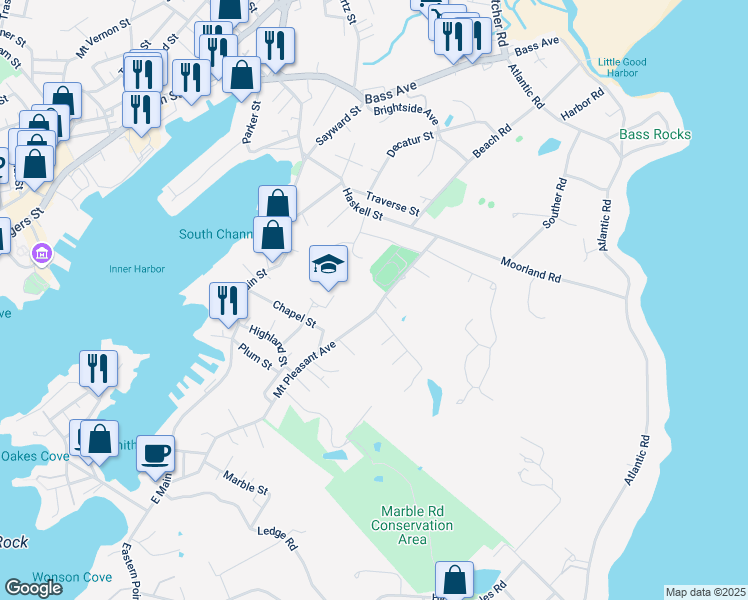 map of restaurants, bars, coffee shops, grocery stores, and more near 35B Mount Pleasant Avenue in Gloucester