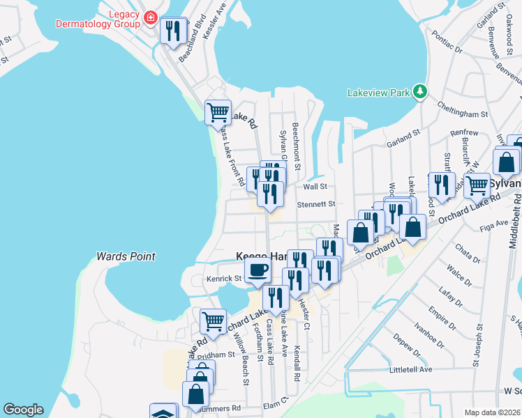 map of restaurants, bars, coffee shops, grocery stores, and more near 1978 Cass Lake Road in Keego Harbor