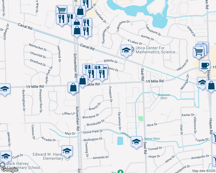 map of restaurants, bars, coffee shops, grocery stores, and more near 42953 Freeport Drive in Sterling Heights