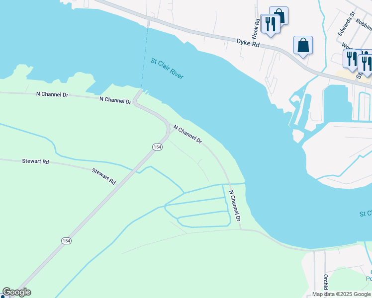 map of restaurants, bars, coffee shops, grocery stores, and more near 1350 Gore Drive in Harsens Island