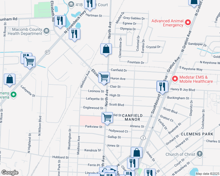 map of restaurants, bars, coffee shops, grocery stores, and more near 290 North Avenue in Mount Clemens
