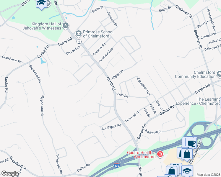 map of restaurants, bars, coffee shops, grocery stores, and more near 140 North Road in Chelmsford