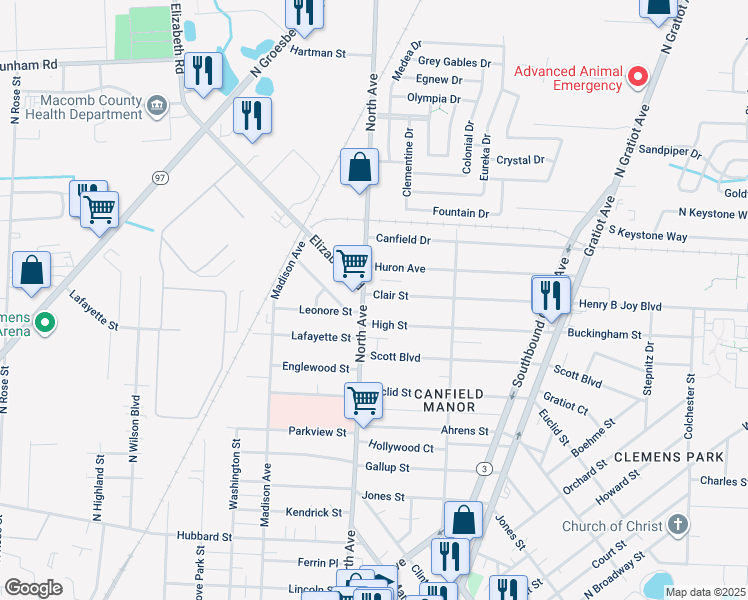 map of restaurants, bars, coffee shops, grocery stores, and more near 290 North Avenue in Mount Clemens