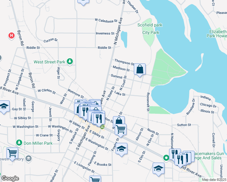 map of restaurants, bars, coffee shops, grocery stores, and more near 504 North State Street in Howell