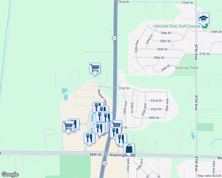map of restaurants, bars, coffee shops, grocery stores, and more near 31st Street in Kenosha County