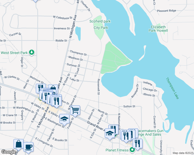 map of restaurants, bars, coffee shops, grocery stores, and more near 613 Bates Street in Howell
