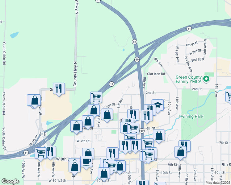 map of restaurants, bars, coffee shops, grocery stores, and more near 201 3rd Avenue in Monroe