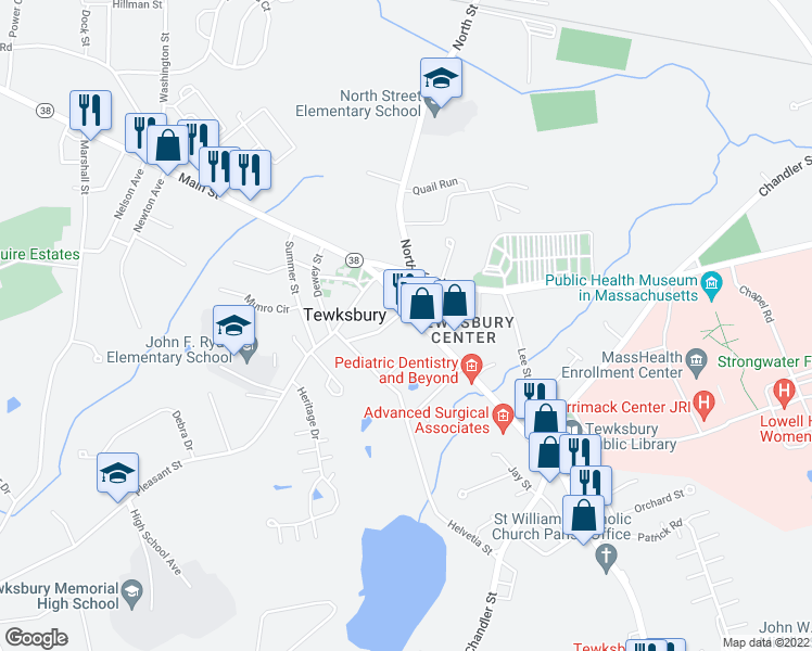 map of restaurants, bars, coffee shops, grocery stores, and more near 1079 Main Street in Tewksbury