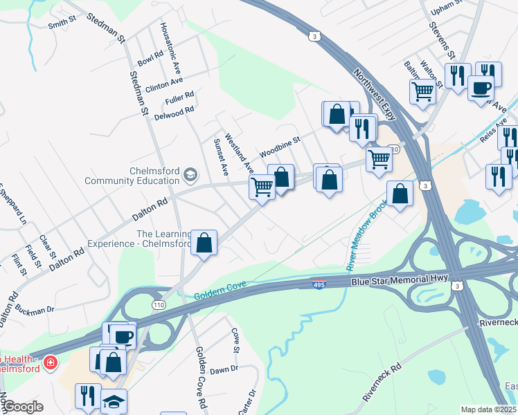 map of restaurants, bars, coffee shops, grocery stores, and more near 239 Chelmsford Street in Chelmsford