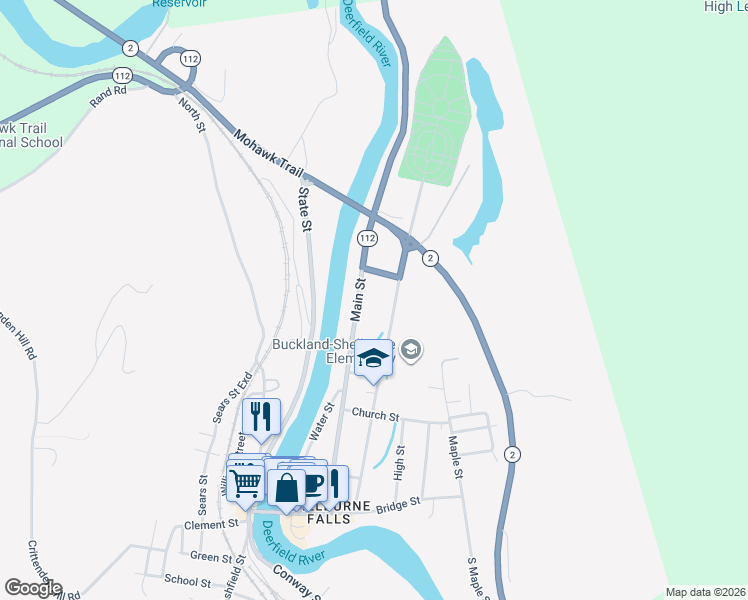 map of restaurants, bars, coffee shops, grocery stores, and more near 105 Main Street in Shelburne Falls