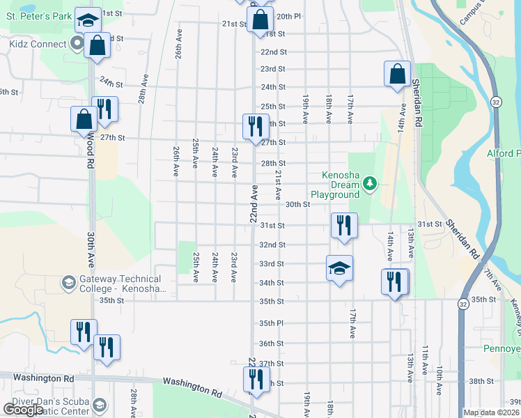 map of restaurants, bars, coffee shops, grocery stores, and more near 2127 30th Street in Kenosha