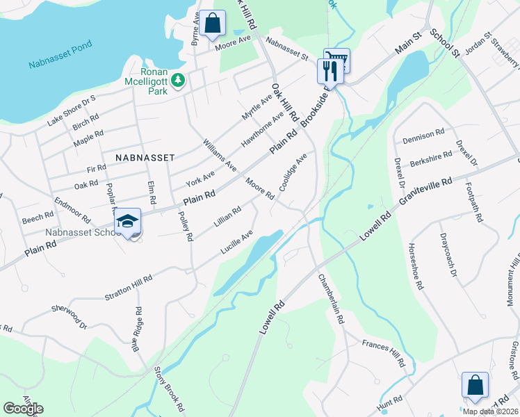 map of restaurants, bars, coffee shops, grocery stores, and more near 4 Lucille Avenue in Westford