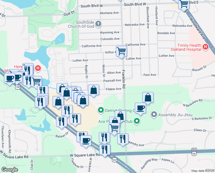 map of restaurants, bars, coffee shops, grocery stores, and more near 512 Fildew Avenue in Pontiac