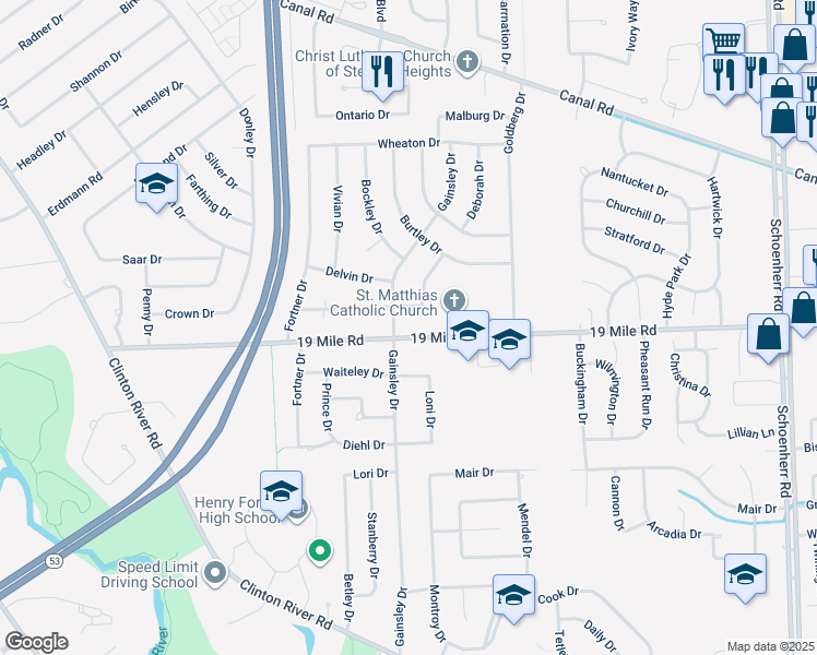 map of restaurants, bars, coffee shops, grocery stores, and more near 12119 19 Mile Rd in Sterling Heights