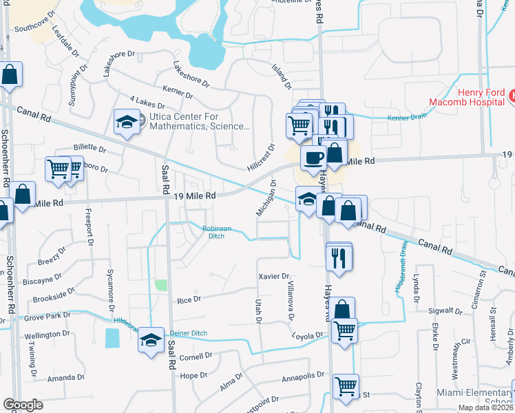 map of restaurants, bars, coffee shops, grocery stores, and more near 42751 Michigan Drive in Sterling Heights