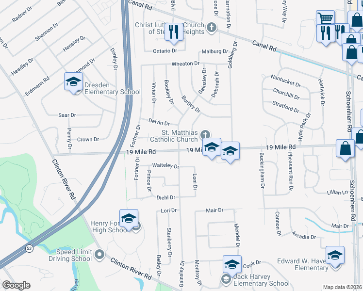 map of restaurants, bars, coffee shops, grocery stores, and more near 12119 19 Mile Road in Sterling Heights