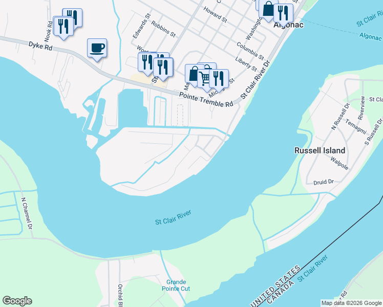 map of restaurants, bars, coffee shops, grocery stores, and more near 326 Lathrop Avenue in Algonac