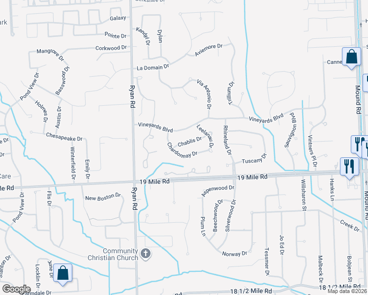 map of restaurants, bars, coffee shops, grocery stores, and more near 4380 Chablis Drive in Sterling Heights