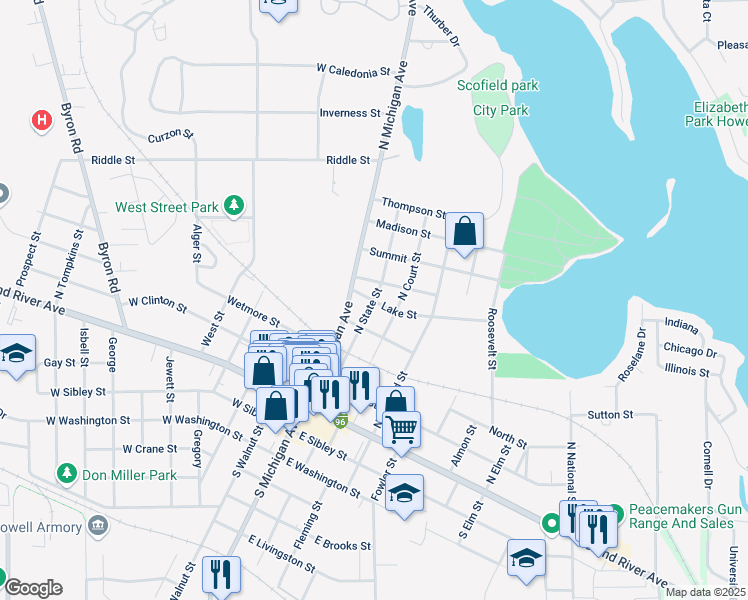 map of restaurants, bars, coffee shops, grocery stores, and more near 504 North State Street in Howell