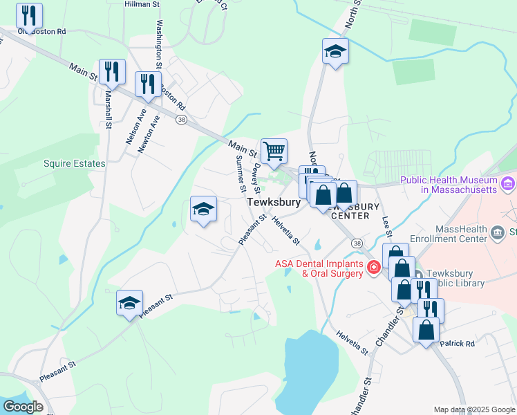 map of restaurants, bars, coffee shops, grocery stores, and more near 67 Dewey Street in Tewksbury